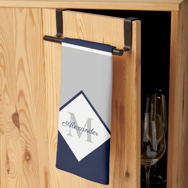 Nautic Modern Navy Blue Gray Monogram Geschirrtuch (Drittel gefaltet)