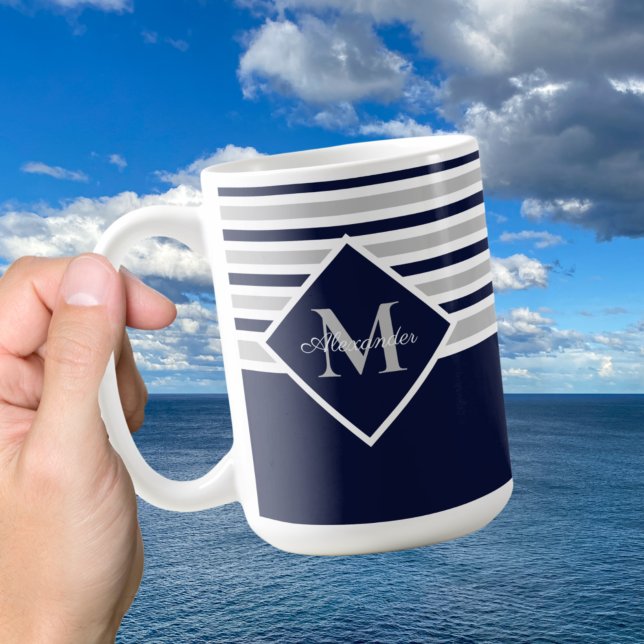 Nautic Modern Navy Blue Gray Monogram Kaffeetasse (Von Creator hochgeladen)