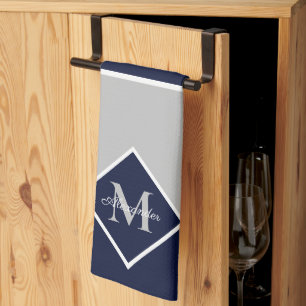 Nautic Modern Navy Blue Gray Monogram Kitchen Geschirrtuch