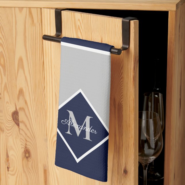 Nautic Modern Navy Blue Gray Monogram Kitchen Geschirrtuch (Drittel gefaltet)