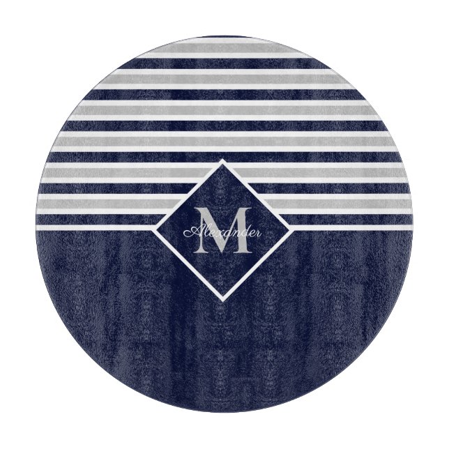 Nautic Modern Navy Blue Gray Monogram Schneidebrett (Vorderseite)