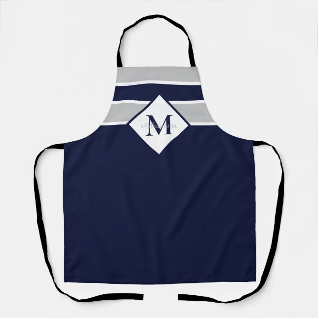 Nautic Modern Navy Blue Gray Monogram Schürze (Vorderseite)