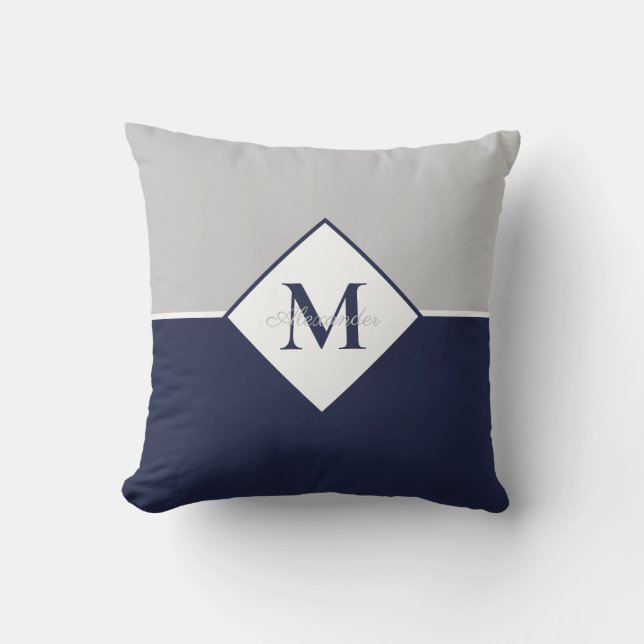 Nautic Modern Navy Blue Gray Monogram Throw Pil Kissen (Vorderseite)