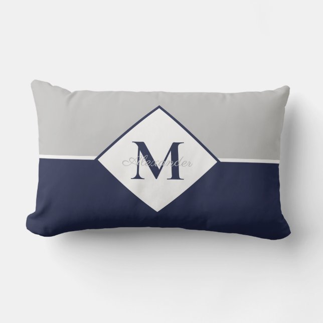 Nautic Modern Navy Blue Gray Monogram Throw Pil Kissen Für Draußen (Vorderseite)