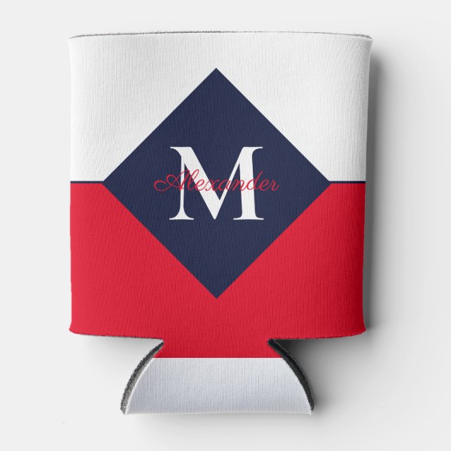 Nautic Modern Navy Blue Red Monogram Dosenkühler (Vorderseite)