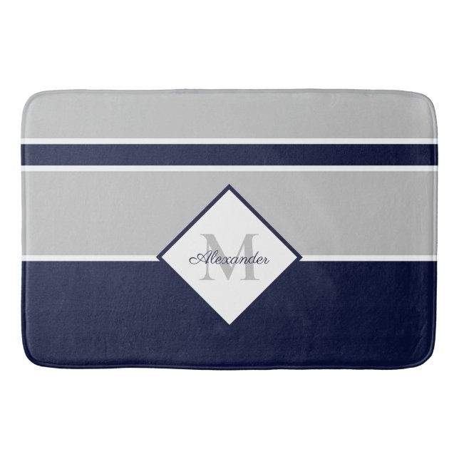 Nautic Modern Navy Gray Monogram Küchenteppich Badematte (Vorderseite)