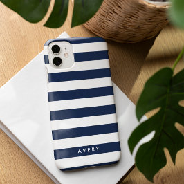 Nautic Modern Navy und White Strip Personalisiert Case-Mate iPhone 14 Hülle