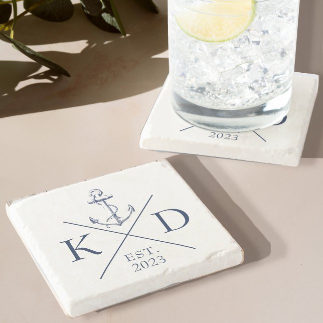 Nautic Monogram Anchor Navy Steinuntersetzer (Immerse yourself in the calming, serene energy of the sea with our Monogram Anchor Stone Coaster)
