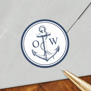Nautic Monogram Anchor Navy White Runder Aufkleber