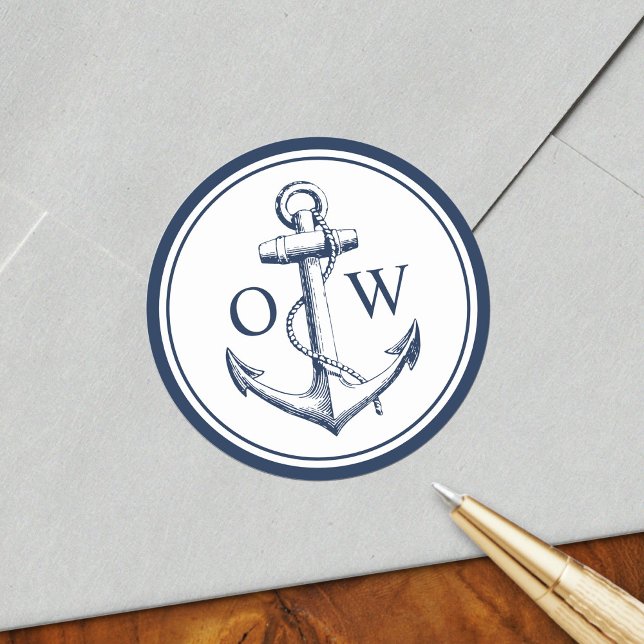 Nautic Monogram Anchor Navy White Runder Aufkleber (Von Creator hochgeladen)