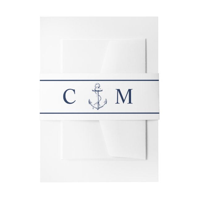 Nautic Monogram Navy Anchor Wedding Einladungsbanderole (Vorderseite Beispiel)