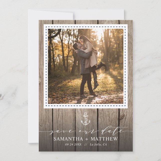 Nautic Navy Anchor Rustic Wood Foto Hochzeit Save The Date (Vorderseite)