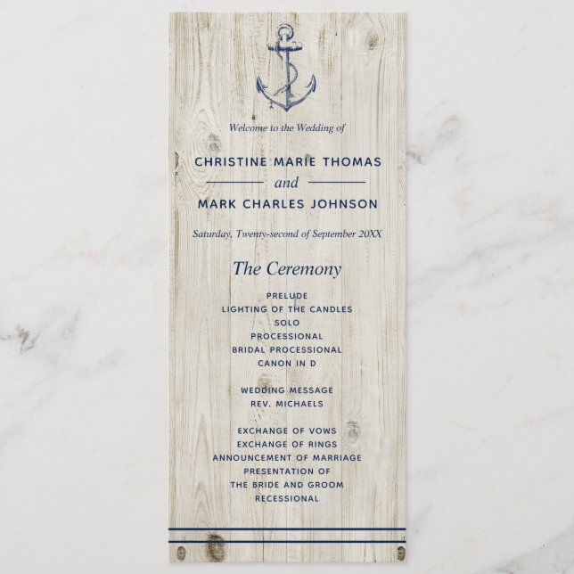 Nautic Navy Anchor Rustic Wood Wedding Programm (Vorderseite)