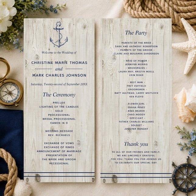 Nautic Navy Anchor Rustic Wood Wedding Programm (A nautical-themed program perfect for beach weddings and weddings by the sea! )