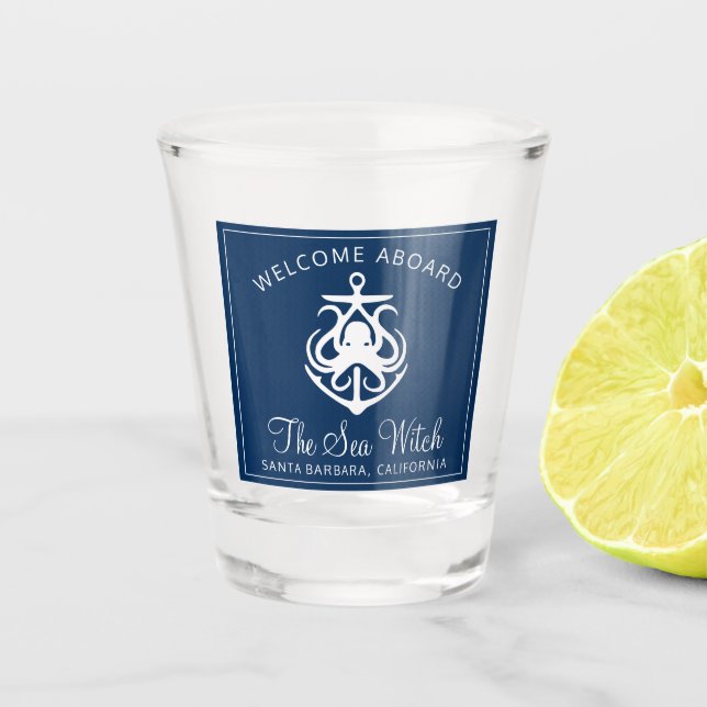 Nautic Navy Blauer Begrüßungsname Schiff Name Shot Schnapsglas (Vorderseite)