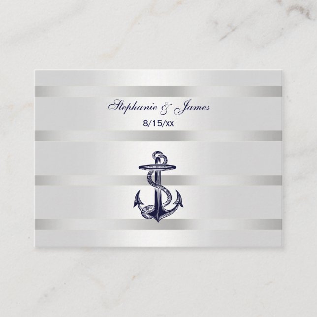 Nautic Navy Blu Anchor Silver Whit Platzkarten #2 (Vorderseite)
