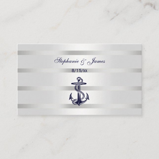 Nautic Navy Blu Anchor Silver Wht Platzkarten (Vorderseite)