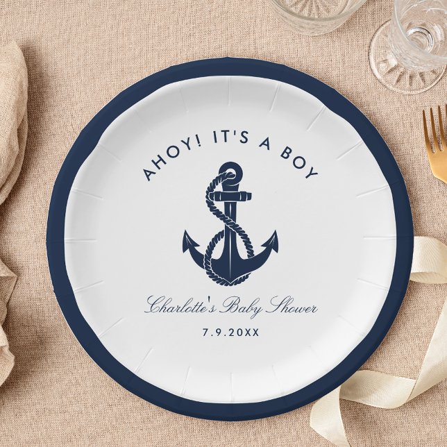Nautic Navy Blue Anchor Baby Shooter Pappteller (Its a Boy Ahoy Baby Shower Paper Towel)