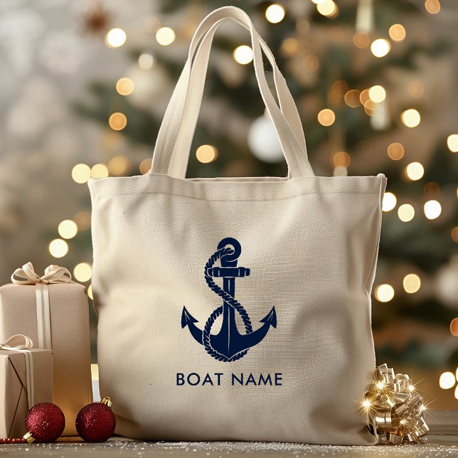 Nautic Navy Blue Anchor Boat Name Custom Jumbo Stoffbeutel (Navy Blue Anchor Nautical Boating Tote Bag)