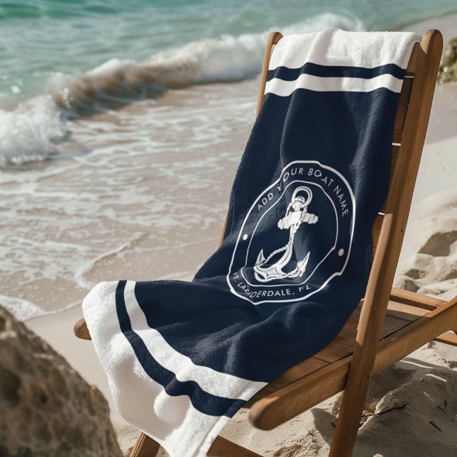 Nautic Navy Blue Anchor Boat Name Custom Strandtuch (Nautical Anchor Custom Boat Name White and Navy Blue Beach Towel)