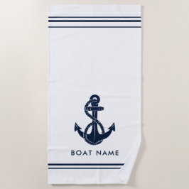 Nautic Navy Blue Anchor Boat Name Custom Strandtuch