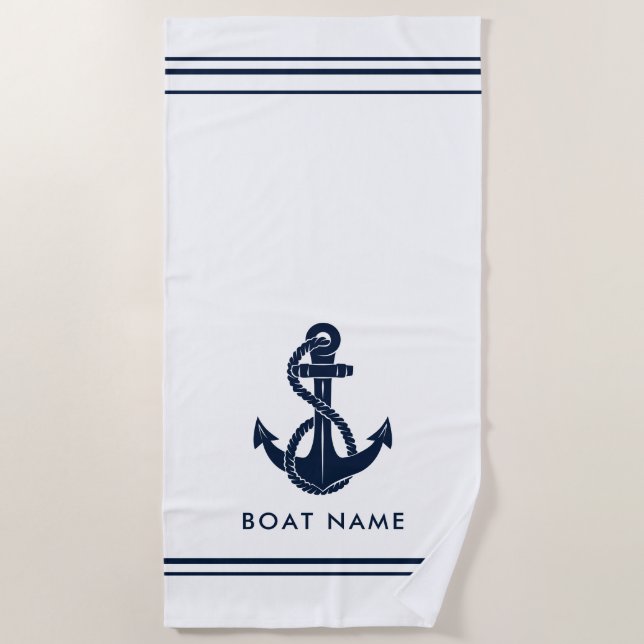 Nautic Navy Blue Anchor Boat Name Custom Strandtuch (Vorderseite)