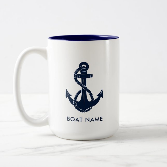 Nautic Navy Blue Anchor Boat Name Custom Zweifarbige Tasse (Links)