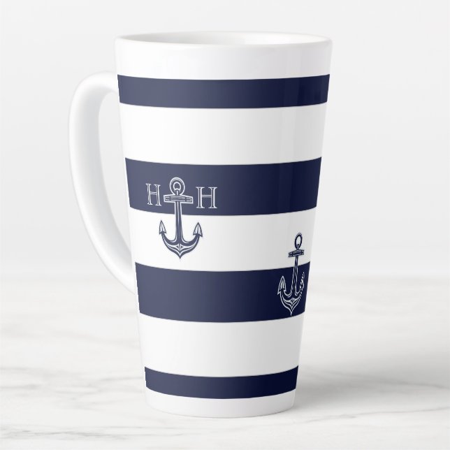 Nautic Navy Blue Anchor Coastal Monogram Coffee Milchtasse (Linke Ecke)
