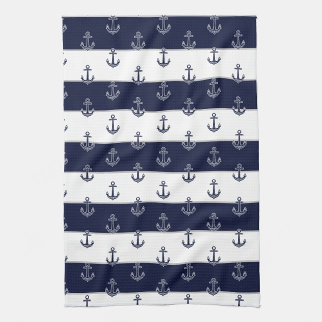 Nautic Navy Blue Anchor Coastor Monogram Kitche Geschirrtuch (Vertikal)