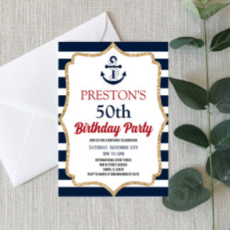 Nautic Navy Blue Anchor Custom Birthday Party Einladung