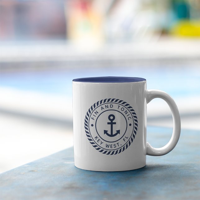 Nautic Navy Blue Anchor Custom Boat Name Zweifarbige Tasse (Von Creator hochgeladen)