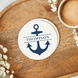 Nautic Navy Blue Anchor Custom Monogram Name Runder Pappuntersetzer