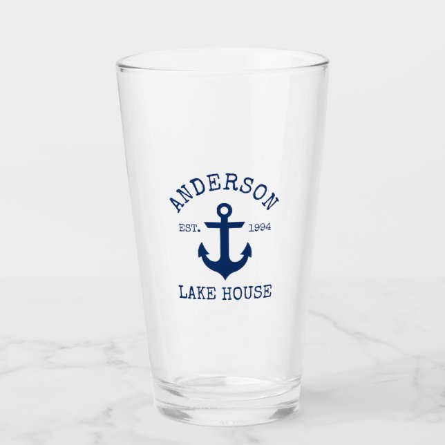 Nautic Navy Blue Anchor Family Lake House Glas (Vorderseite)