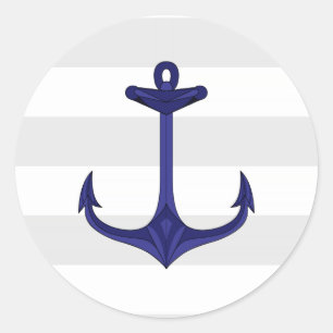 Nautic Navy Blue Anchor Grau White Stripes Runder Aufkleber