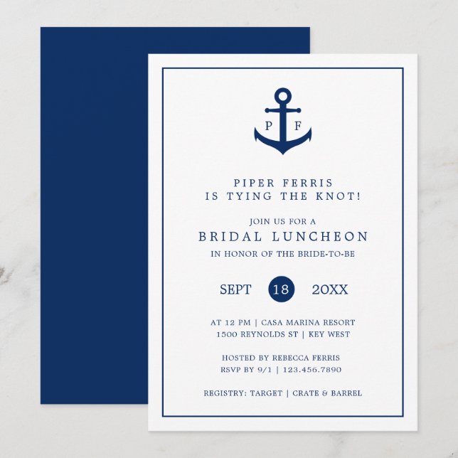 Nautic Navy Blue Anchor Monogram Bridal Luncheon Einladung (Vorne/Hinten)