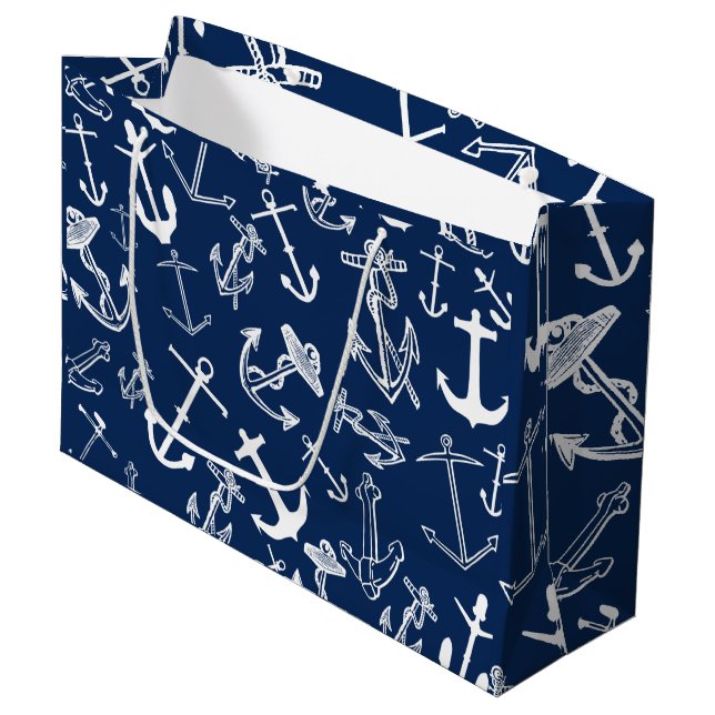 Nautic Navy Blue Anchor Muster Große Geschenktüte (Vorderseite Schrägansicht)