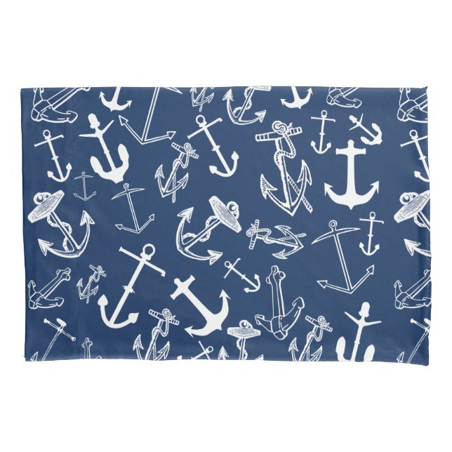 Nautic Navy Blue Anchor Muster Kissenbezug (Vorderseite)