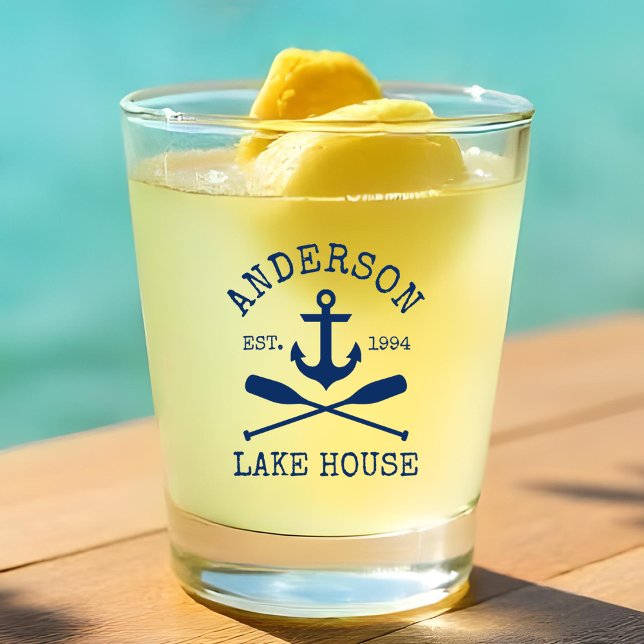 Nautic Navy Blue Anchor Oars Family Lake House Schnapsglas (Customize to change text size or color.)