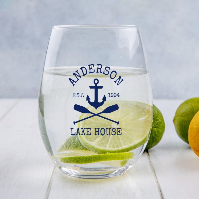 Nautic Navy Blue Anchor Oars Family Lake House Weinglas Ohne Stiel (Several styles to choose from.)