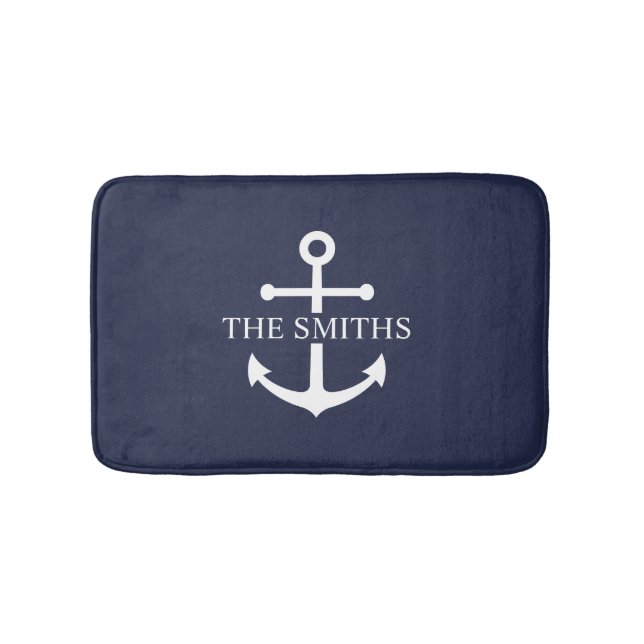 Nautic Navy Blue Anchor Personalisierter Familienn Badematte (Vorderseite)