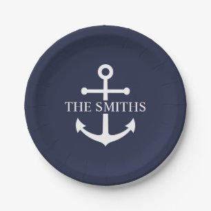 Nautic Navy Blue Anchor Personalisierter Familienn Pappteller