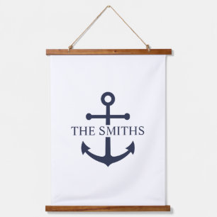 Nautic Navy Blue Anchor Personalisierter Familienn Wandteppich Mit Holzrahmen