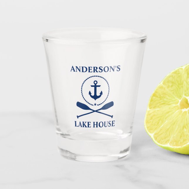 Nautic Navy Blue Anchor Rope Oars Lake House Schnapsglas (Vorderseite)