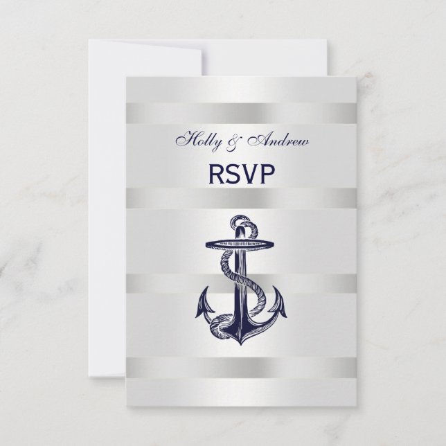 Nautic Navy Blue Anchor Silver White V UAWG RSVP Karte (Vorderseite)