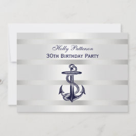 Nautic Navy Blue Anchor Silver Wt BG H Birthday Einladung