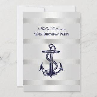 Nautic Navy Blue Anchor Silver Wt BG V Birthday Einladung