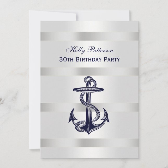 Nautic Navy Blue Anchor Silver Wt BG V Birthday Einladung (Vorderseite)