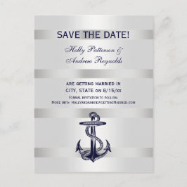 Nautic Navy Blue Anchor White BG V Save the Date Ankündigungspostkarte