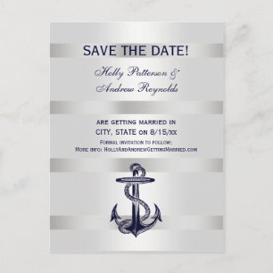 Nautic Navy Blue Anchor White BG V Save the Date Ankündigungspostkarte