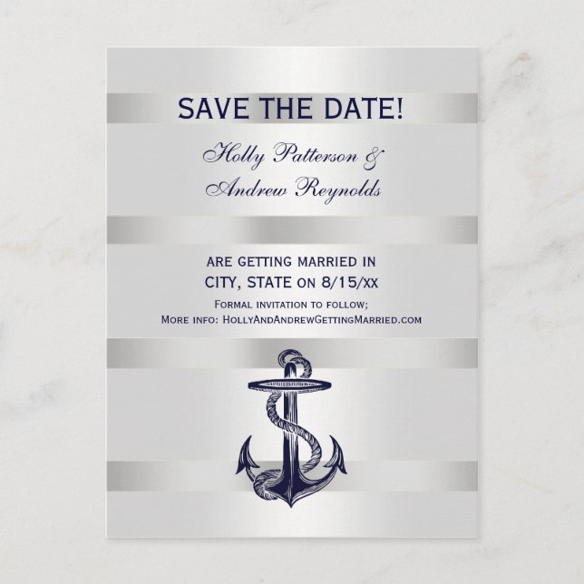 Nautic Navy Blue Anchor White BG V Save the Date Ankündigungspostkarte (Vorderseite)